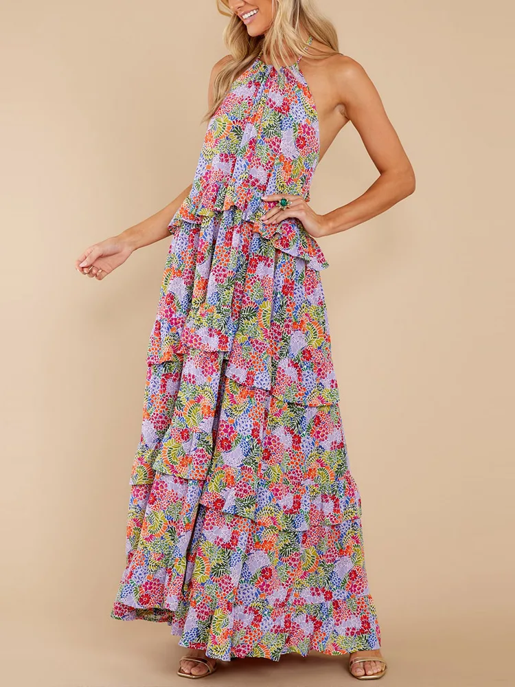 Women Elegant Floral Print Cotton Maxi Dress